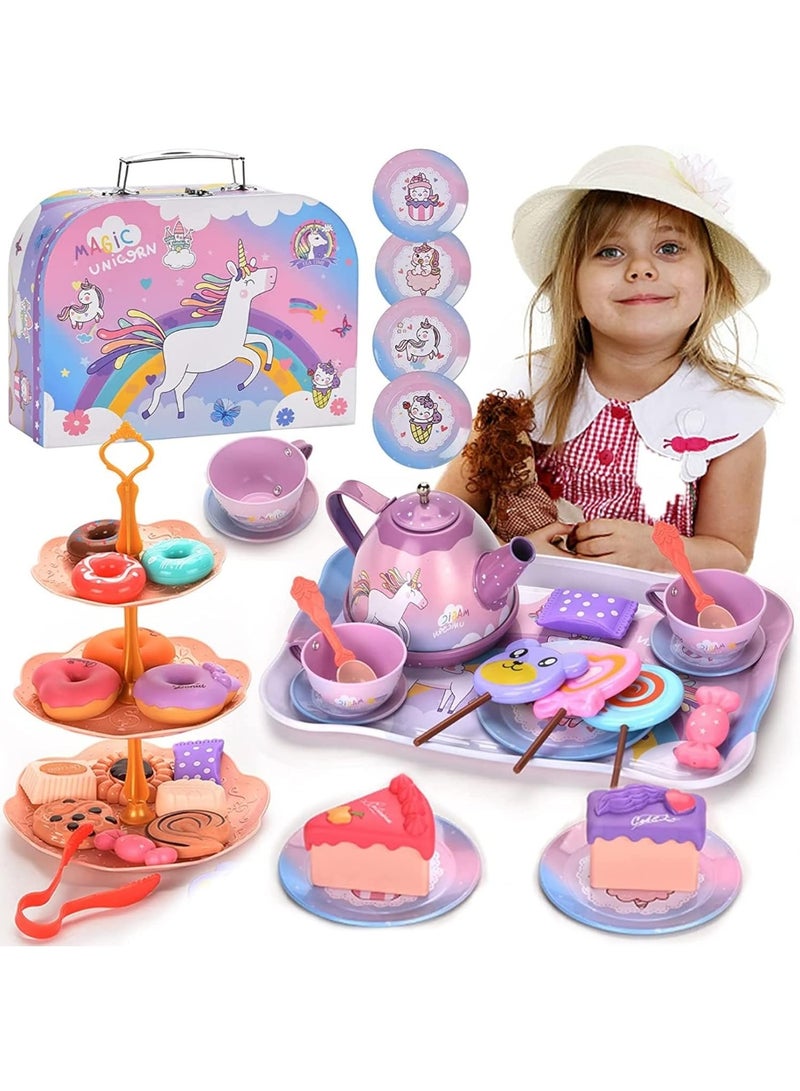 سوفام مجموعة شاي أحادي القرن لألعاب PCS للفتيات الصغار، حفلة الشاي للأميرة لعب الألعاب مجموعة شاي الأطفال بما في ذلك إبريق الشاي، الأكواب، الأطباق، الحلوى، والمشروبات وحقائب الحمل، المطبخ التظاهر بلعب الألعاب (مجموعة شاي وحيد القرن) - Image 1
