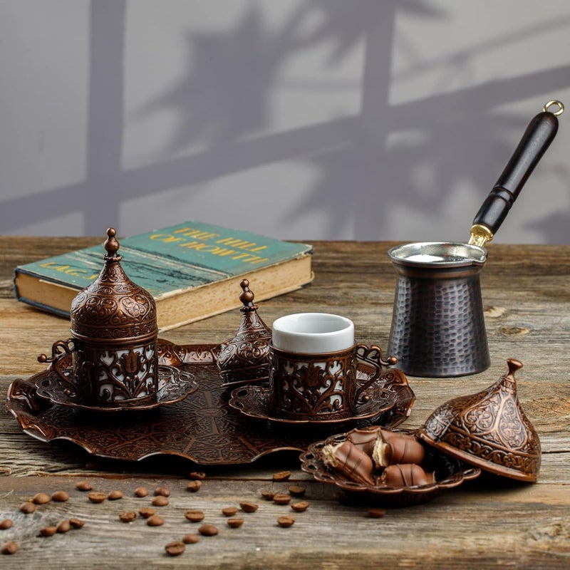 DEMMEX 2023 Turkish Greek Arabic Coffee Full Set with Cups Saucers Lids Sugar Bowl Tray and Copper Coffee Pot, 12 Pcs - Image 2