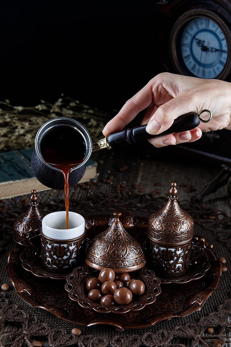 DEMMEX 2023 Turkish Greek Arabic Coffee Full Set with Cups Saucers Lids Sugar Bowl Tray and Copper Coffee Pot, 12 Pcs - Image 4