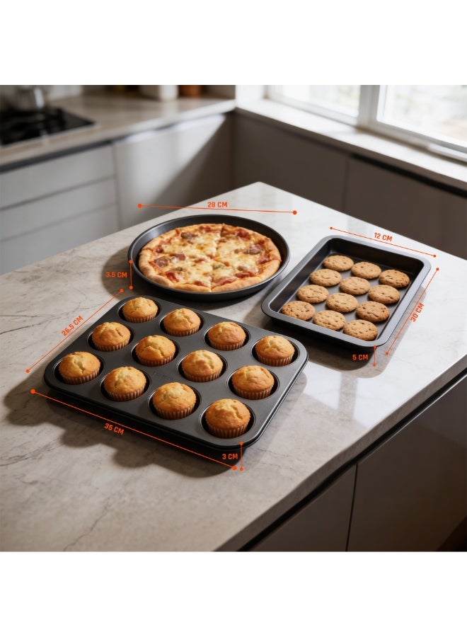 BERGNER 3Pc Non Stick Carbon Steel Black Bakeware Set with 12 Cup Muffin Tray Springform Cake Pan and Loaf Pan Oven Safe Baking Tins for Cake Muffin Bread Baking Essentials - Image 2
