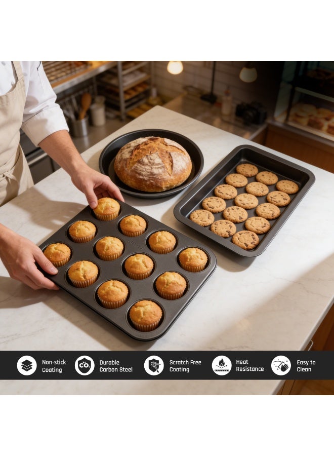 BERGNER 3Pc Non Stick Carbon Steel Black Bakeware Set with 12 Cup Muffin Tray Springform Cake Pan and Loaf Pan Oven Safe Baking Tins for Cake Muffin Bread Baking Essentials - Image 3