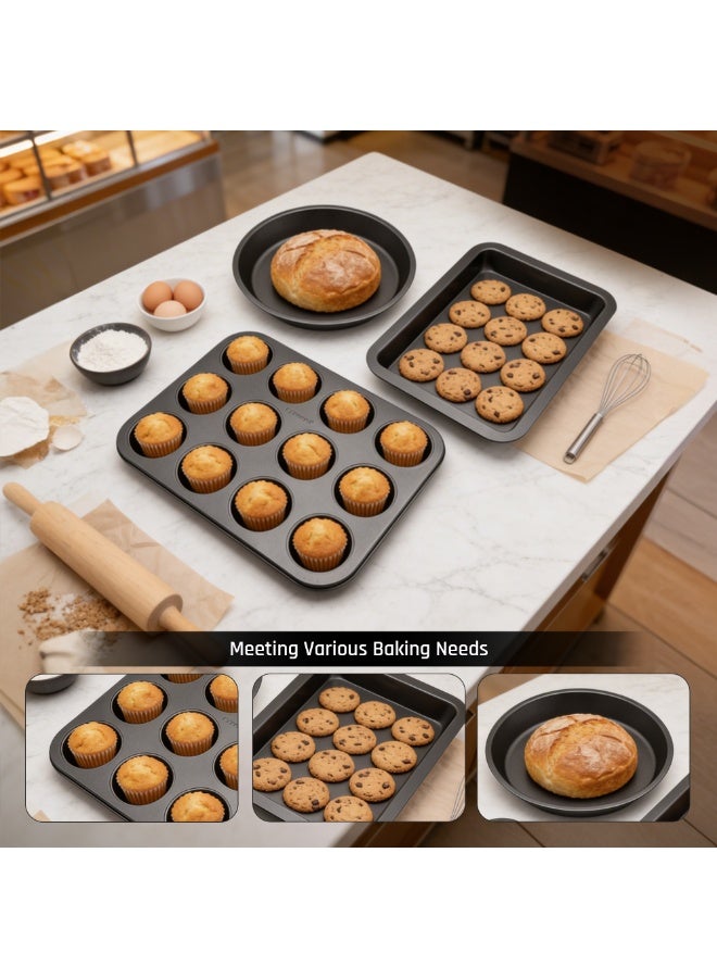 BERGNER 3Pc Non Stick Carbon Steel Black Bakeware Set with 12 Cup Muffin Tray Springform Cake Pan and Loaf Pan Oven Safe Baking Tins for Cake Muffin Bread Baking Essentials - Image 4