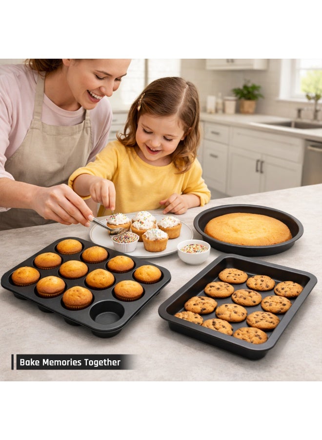 BERGNER 3Pc Non Stick Carbon Steel Black Bakeware Set with 12 Cup Muffin Tray Springform Cake Pan and Loaf Pan Oven Safe Baking Tins for Cake Muffin Bread Baking Essentials - Image 5