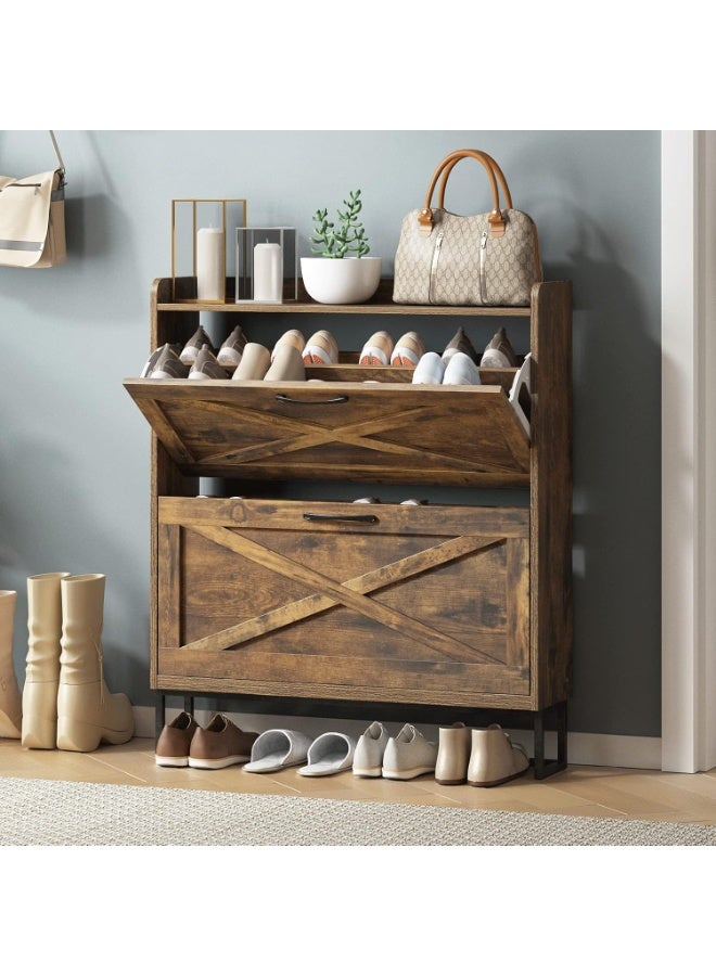 Chulovs 2-Flip-Drawer Shoe Storage Cabinet – Freestanding Narrow Shoe Organizer with Metal Legs, Rustic Brown for Entryway - Image 1