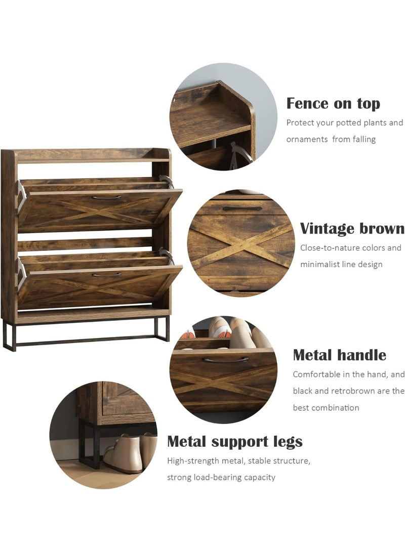 Chulovs 2-Flip-Drawer Shoe Storage Cabinet – Freestanding Narrow Shoe Organizer with Metal Legs, Rustic Brown for Entryway - Image 4