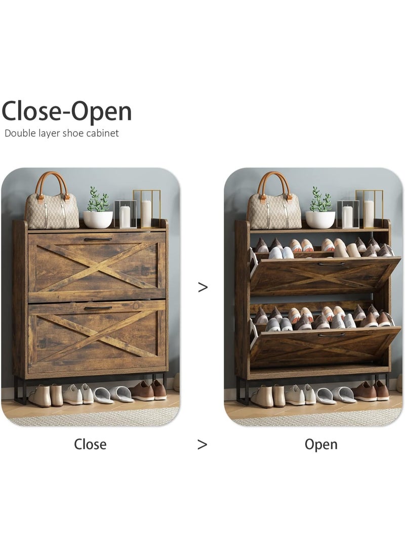 Chulovs 2-Flip-Drawer Shoe Storage Cabinet – Freestanding Narrow Shoe Organizer with Metal Legs, Rustic Brown for Entryway - Image 5