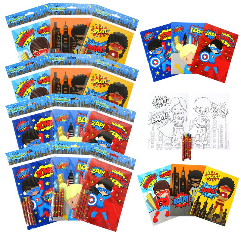 TINYMILLS Superhero Coloring Books for Kids with 12 Coloring Books and 48 Crayons Party Favors, Superhero Prizes, Favor Bag Filler, Superhero Party Supplies - Image 1