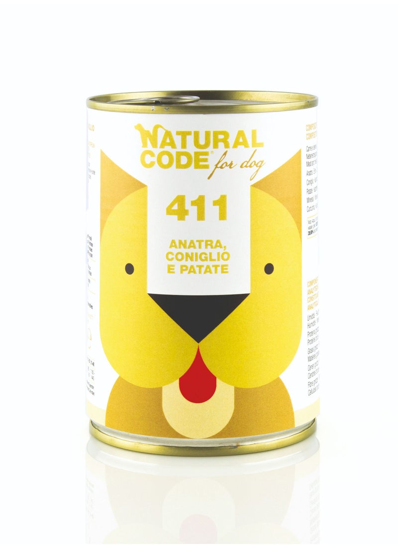 NATURAL CODE 411 DUCK RABBIT AND POTATOES - Natural Wet Food for Adult Dogs, (CAN 400G pack of 6) 