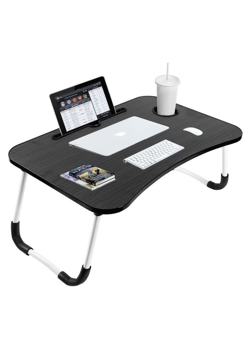SKY-TOUCH - Portable Folding Laptop Desk for Bed With iPad and Cup Holder Adjustable Lap Tray Notebook Stand Foldable Non-Slip Legs Reading Table Tray for Working Studying Camping 60x40x28cm Black - Image 1