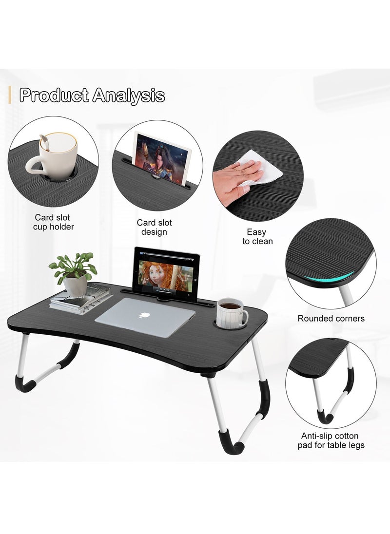 SKY-TOUCH - Portable Folding Laptop Desk for Bed With iPad and Cup Holder Adjustable Lap Tray Notebook Stand Foldable Non-Slip Legs Reading Table Tray for Working Studying Camping 60x40x28cm Black - Image 1