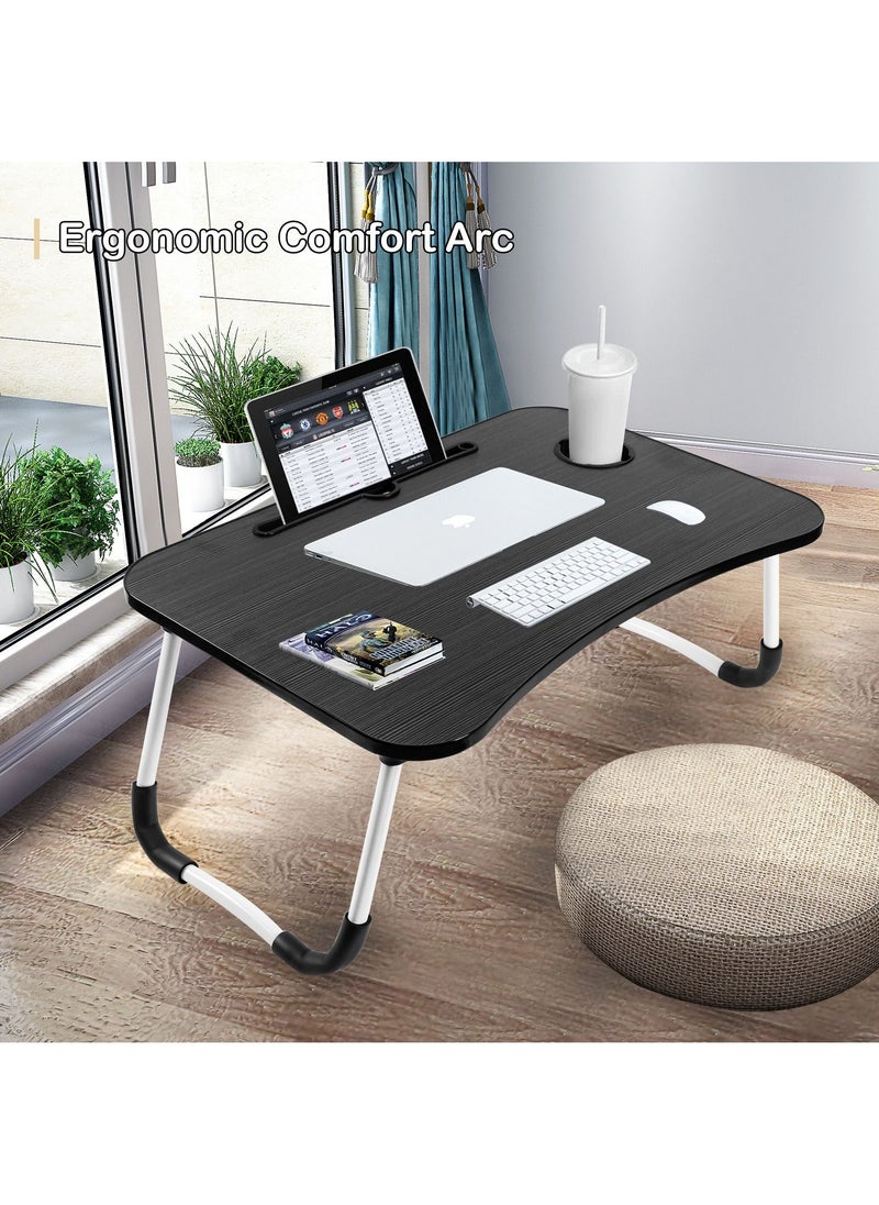 SKY-TOUCH - Portable Folding Laptop Desk for Bed With iPad and Cup Holder Adjustable Lap Tray Notebook Stand Foldable Non-Slip Legs Reading Table Tray for Working Studying Camping 60x40x28cm Black - Image 1