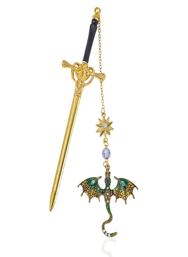 BCNJEPIN Metal Bookmark, Sword Dragon Aesthetic Book Markers for Novels, Reading Accessories, Gift for Book Lovers, Cute Bookmark with Flying Dragon Pendant (Gold) - Image 1