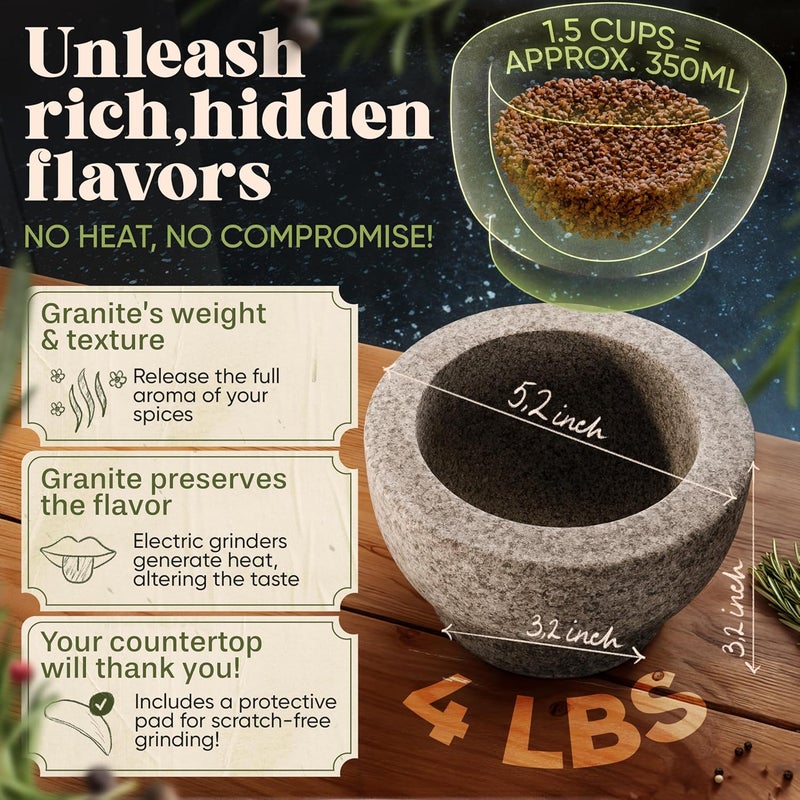 ChefSofi 1.5 Cup-Capacity Mortar and Pestle Set - Unpolished Heavy Granite for Enhanced Performance and Organic Appearance - Image 2