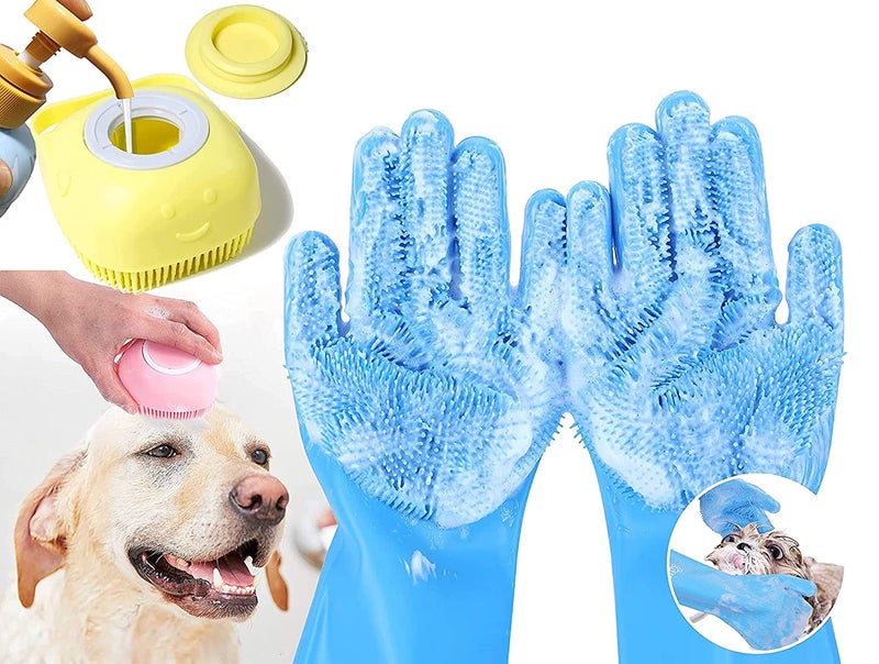 Styllent Pack Of 2 Dog Cats Pet Grrooming Silicon Shampoo Dispenser Brush With 1 Pair Bathing Gloves Soft Bristle For Soothing Scrubber Massage Shower Use Clean Loose Hair Fur For Dogs Pets - Image 1