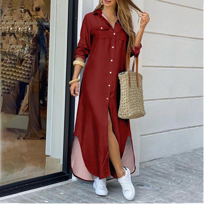 Fashion Long Sleeve Candy Color Shirt Dress Gray - Image 2
