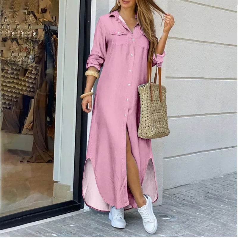 Fashion Long Sleeve Candy Color Shirt Dress Gray - Image 3