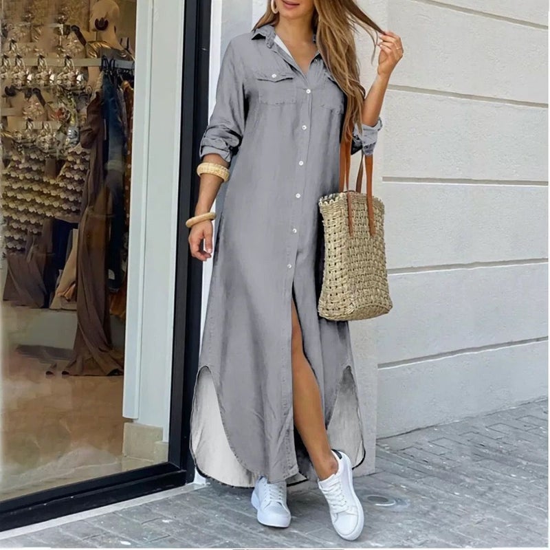 Fashion Long Sleeve Candy Color Shirt Dress Gray - Image 1