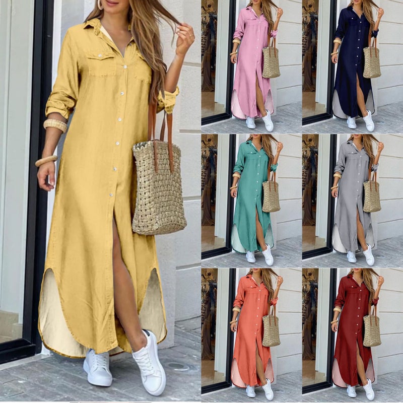 Fashion Long Sleeve Candy Color Shirt Dress Gray - Image 4