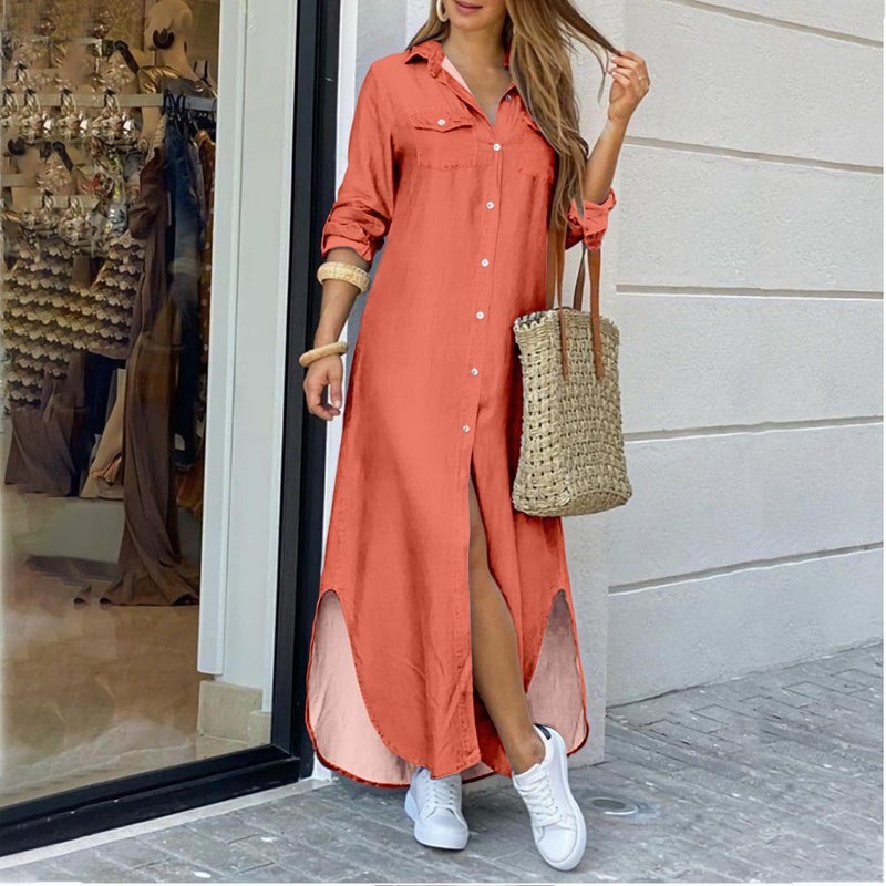 Fashion Long Sleeve Candy Color Shirt Dress Gray - Image 5