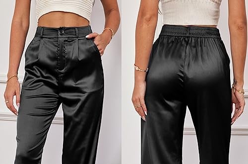 heipeiwa Women's Wide Leg Satin Silky Casual Dress Cocktail Party High Waist Pants - Image 4