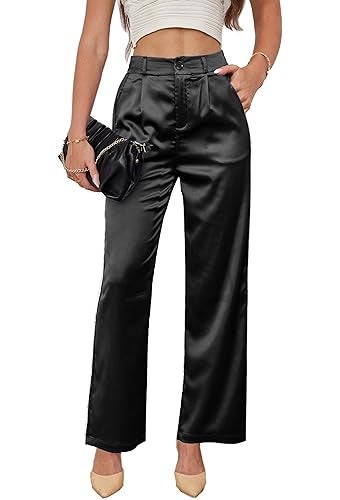 heipeiwa Women's Wide Leg Satin Silky Casual Dress Cocktail Party High Waist Pants - Image 1