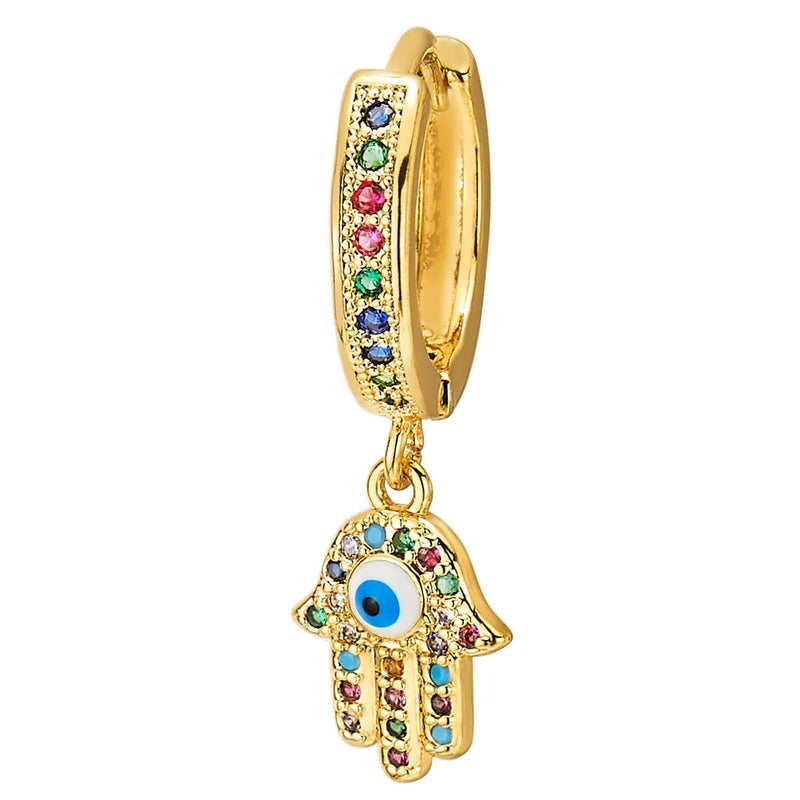 COOLSTEELANDBEYOND Dangling Hamsa Hand of Fatima Gold Color Huggie Hinged Hoop Earrings, with Colorful Cubic Zirconia - Image 3