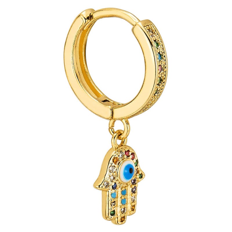 COOLSTEELANDBEYOND Dangling Hamsa Hand of Fatima Gold Color Huggie Hinged Hoop Earrings, with Colorful Cubic Zirconia - Image 4