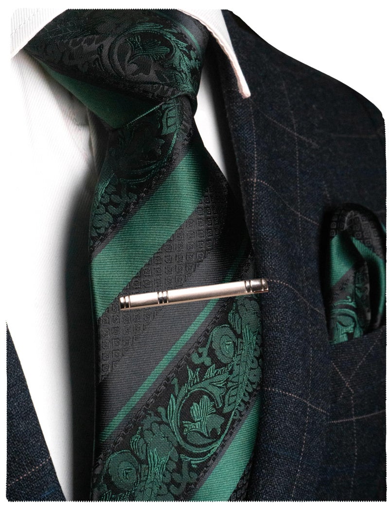 JEMYGINS Dark Green Floral Tie, Silk Necktie and Pocket Square Hankerchef Tie Clip Sets for Men(3) - Image 1