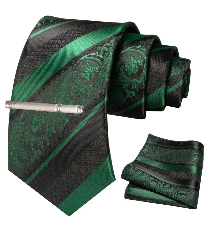 JEMYGINS Dark Green Floral Tie, Silk Necktie and Pocket Square Hankerchef Tie Clip Sets for Men(3) - Image 3