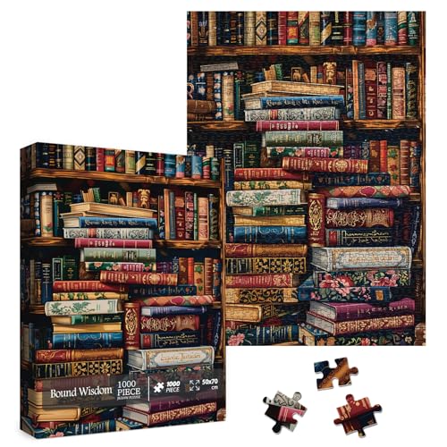 Larkipuzz Vintage Library Bookshelf Jigsaw Puzzle 1000 Piece for Adult Funny Books Challenging Painting Jigsaw Puzzles Art Aesthetic Difficult Puzzle - Image 1