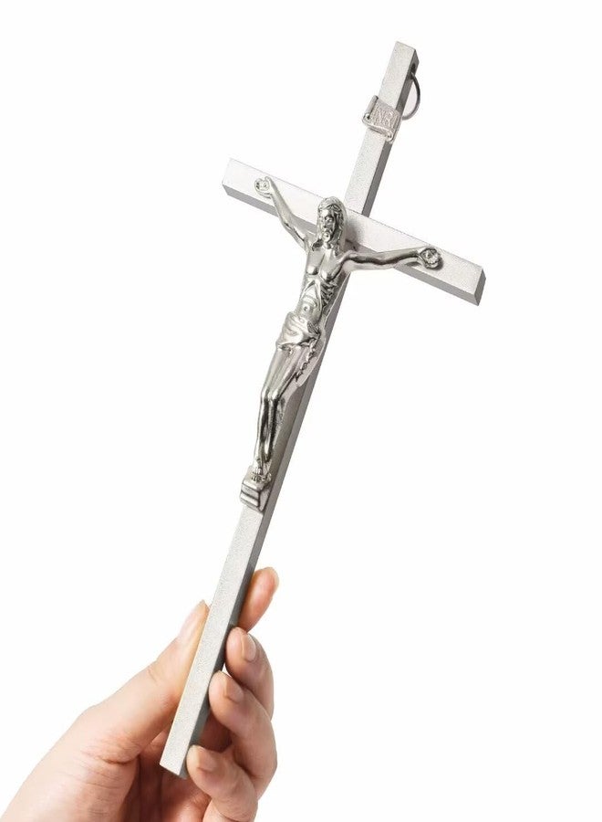 VINETEN Crucifix Wall Cross | Silver Metal Slender Catholic Crosses | Cross Wall Décor for Your Home - 8 Inch - Image 1