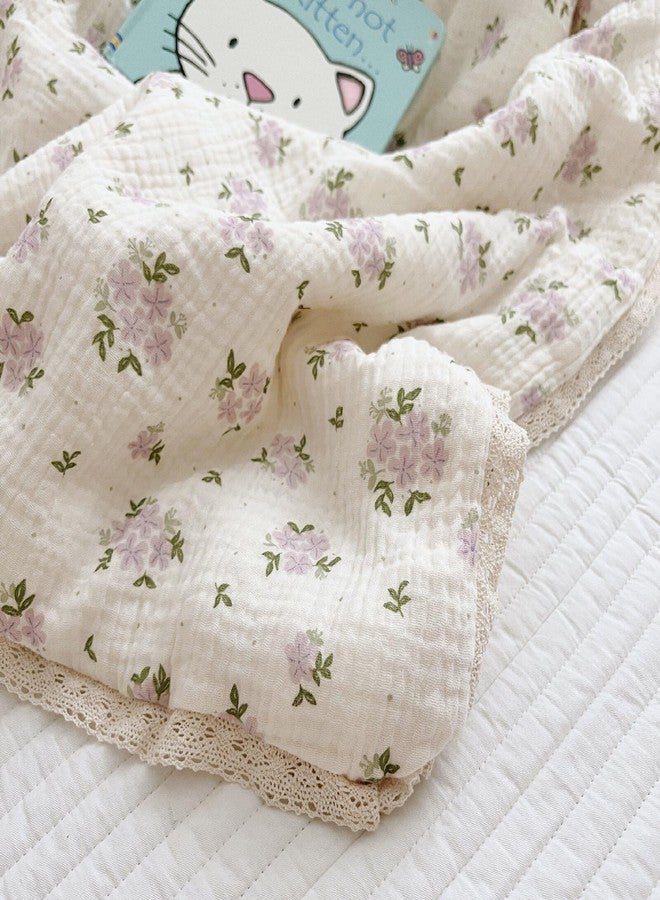 BuLuTu Purple Flower Baby Quilts for Kids Muslin Comforter Large Thin Summer Quilt for Crib/Cradle/Cot, 2-Layer Muslin Toddler Blanket Purple Perilla Pattern, 47x59 Inch - Image 3