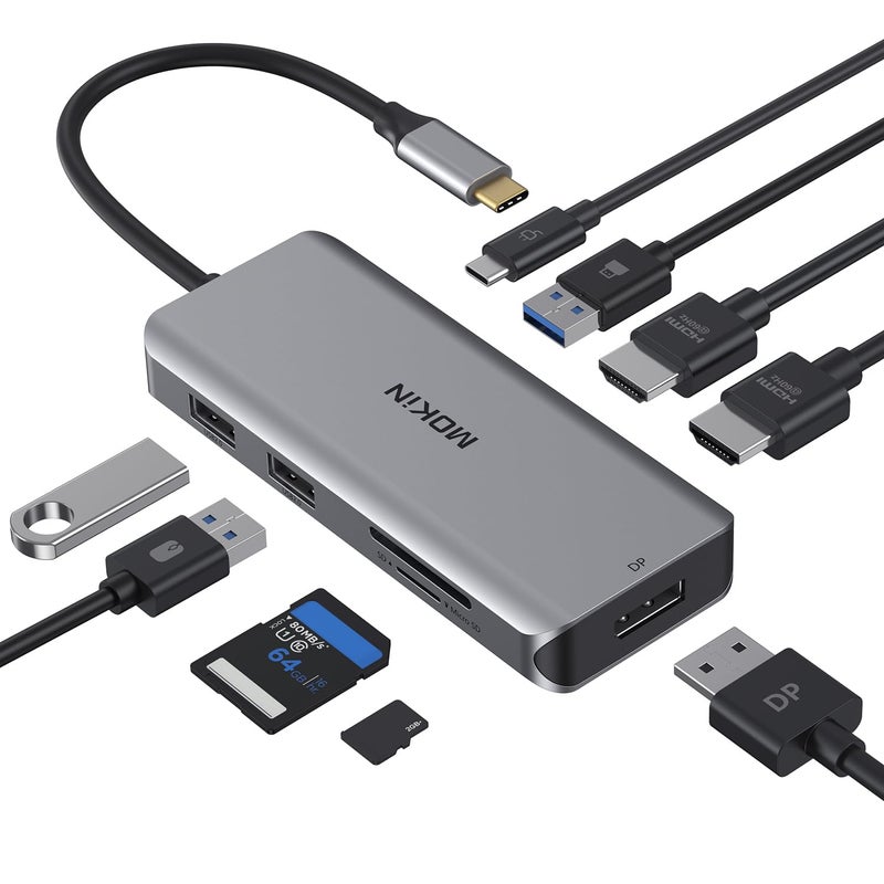 Mokin Docking Station, USB C Adapter, 9 in 1 Triple Display Multiport Dongle with 2 HDMI 4K, DisplayPort, 3 USB, 100W PD, SD/TF Card Reader for MacBook Pro Air Type C Laptops - Image 1