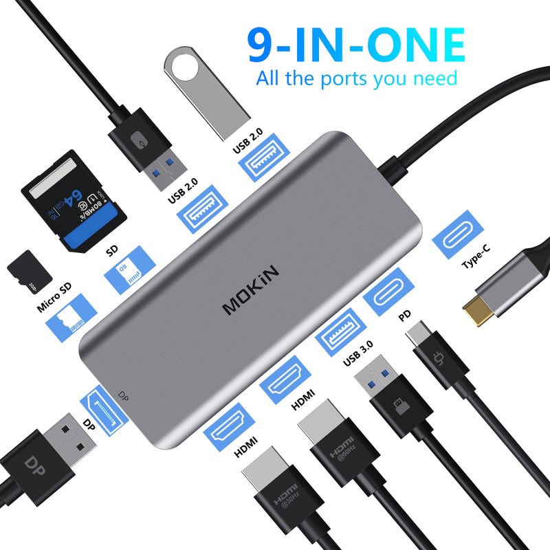 Mokin Docking Station, USB C Adapter, 9 in 1 Triple Display Multiport Dongle with 2 HDMI 4K, DisplayPort, 3 USB, 100W PD, SD/TF Card Reader for MacBook Pro Air Type C Laptops - Image 2