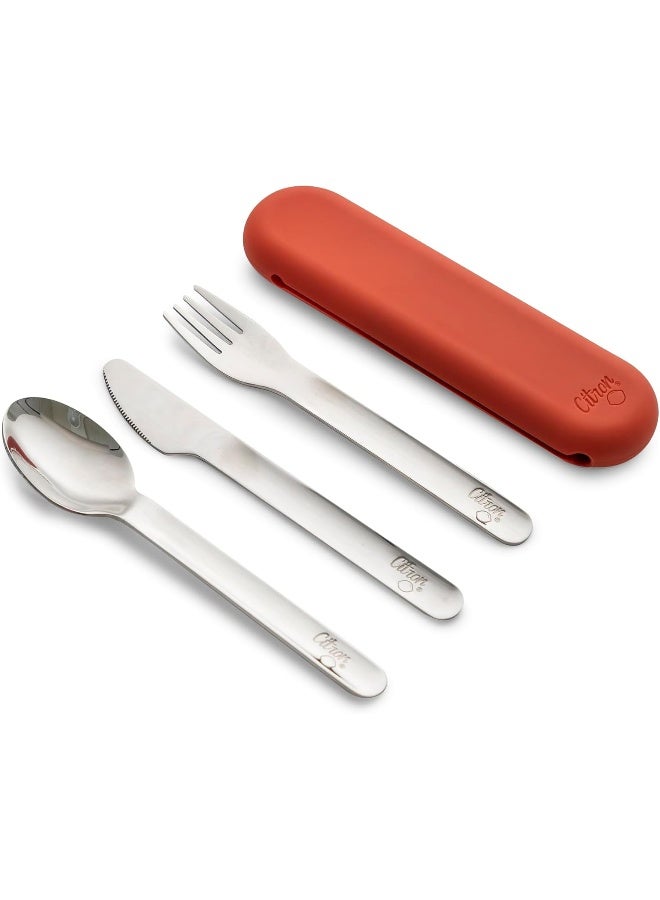Citron Stainless Steel Cutlery Set 3 Pc Silverware Fork, Spoon And Knife, Reusable Travel Utensils And Flatware Set For KidsBrick - Image 1