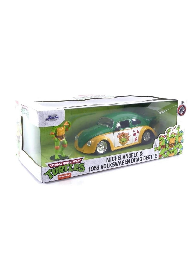 JADA Teenage Muntant Ninja Turtles Michelangelo Figure & 1959 Volkswagen Drag Beetle Die Cast Car 1:24 Scale - Image 5