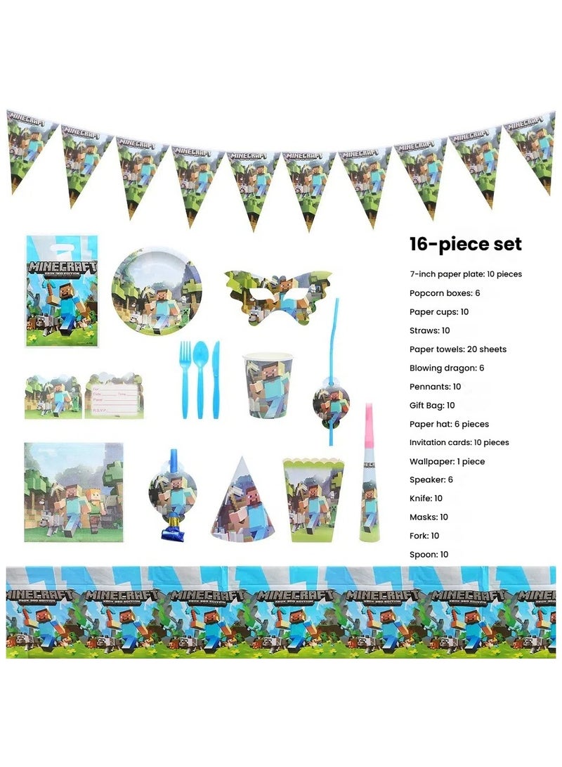 general Minecraft birthday party supplies pixel wars paper plate paper cup flag pull flag birthday party decoration - Image 2