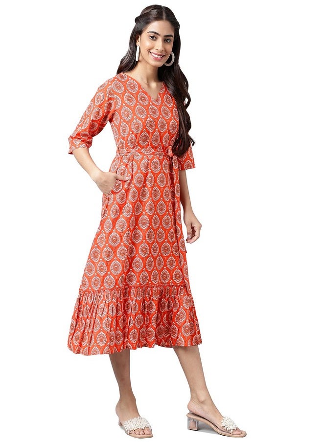 Janasya - Janasya Women's Orange Cotton Ethnic Motifs Printed Ruffled Dress(JNE4174-DR-M) - Image 1
