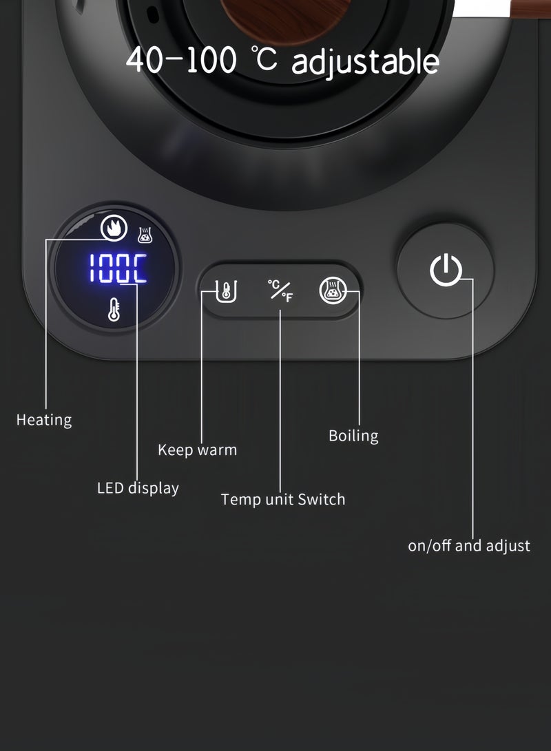 نيهاو غلاية متعددة الوظائف بتصميم عنق البجعة V60 ، غلاية كهربائية ، إبريق قهوة وشاي ، سعة 900 مل ، قدرة 1200 واط مع تعديل درجة الحرارة بواسطة مقبض وإعدادات تلقائية مع عرض رقمي LED ، مصنوعة من الفولاذ المقاوم للصدأ 304 ، مناسبة للاستخدام في المنزل والمكتب - أسود - Image 4