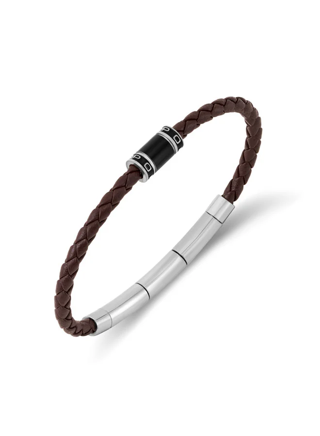 بوليس Carbon Brown Slim Braided Leather Bracelet for Men