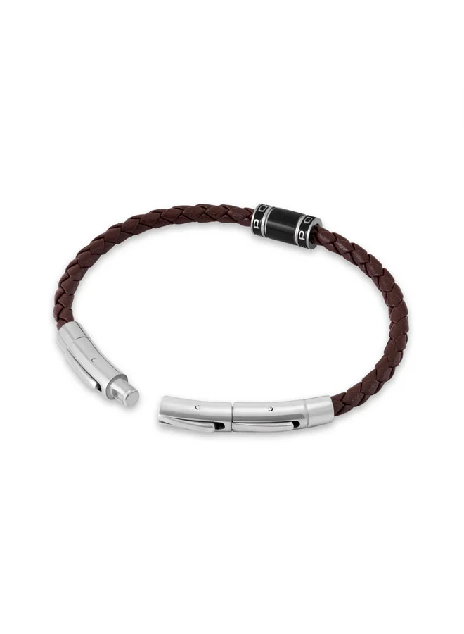 POLICE Carbon Brown Slim Braided Leather Bracelet for Men