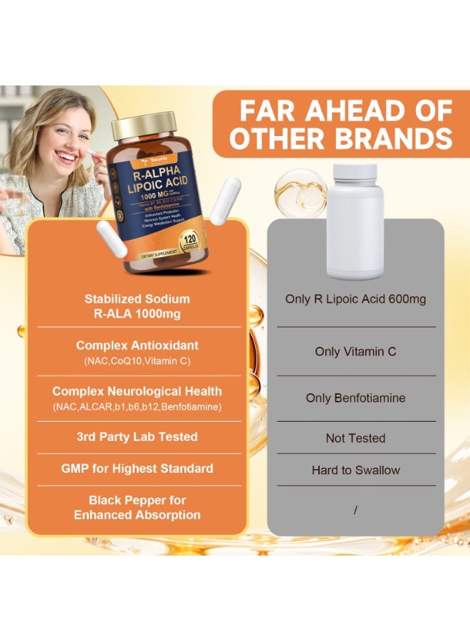 توتاريا R Alpha Lipoic Acid1000mg - مكمل ALA لاعتلال الأعصاب والدعم المضاد للأكسدة، كبسولات لصحة الأعصاب، طاقة الخلايا، والتمثيل الغذائي ومكافحة الشيخوخة، غير معدل وراثيًا، خال من الغلوتين، آمن للنباتيين، 120 كبسولة - Image 4
