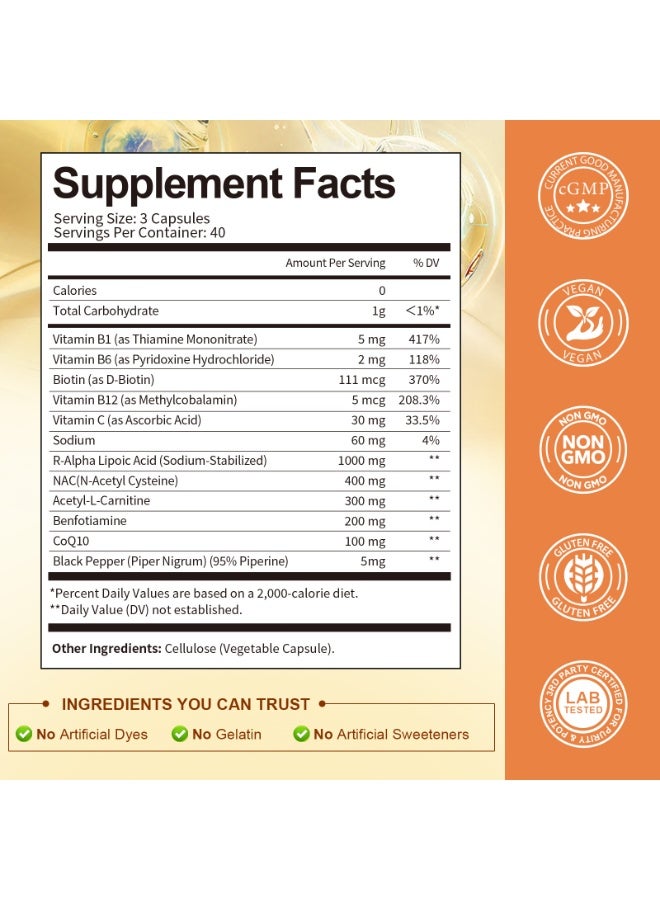 توتاريا R Alpha Lipoic Acid1000mg - مكمل ALA لاعتلال الأعصاب والدعم المضاد للأكسدة، كبسولات لصحة الأعصاب، طاقة الخلايا، والتمثيل الغذائي ومكافحة الشيخوخة، غير معدل وراثيًا، خال من الغلوتين، آمن للنباتيين، 120 كبسولة - Image 3