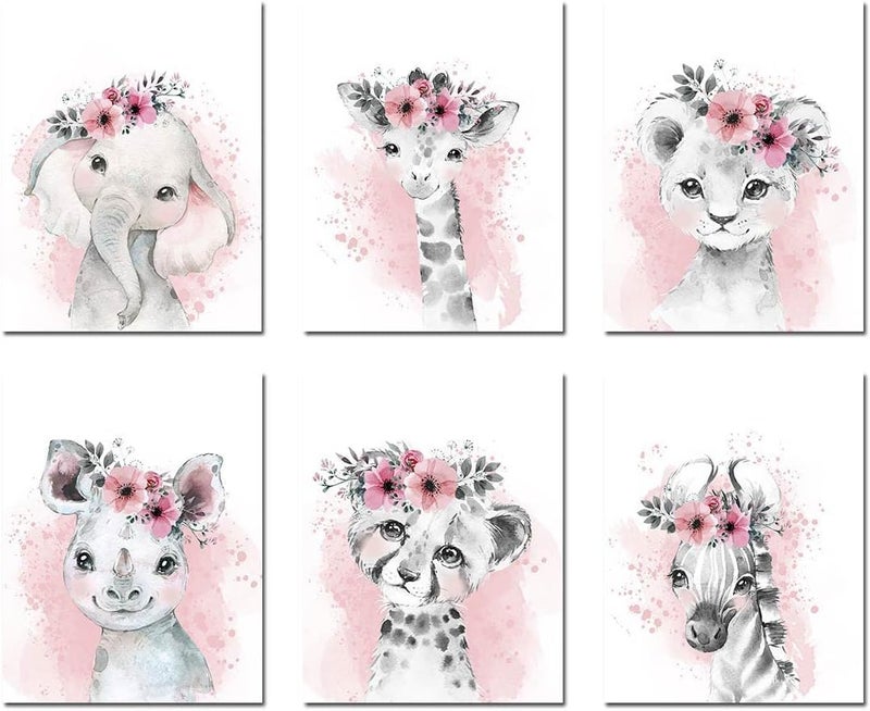 Kiddale Baby Watercolor Animals Wall Art Prints Set of 6 (8x12, Unframed), Tiger Elephant Zebra Rhino Leopard Giraffe Safari Animals Inspirational Pictures Nursery Decor Art - Image 1
