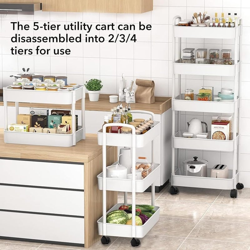 HASTHIP® 5-Tier Home Organizer Cart Kitchen Organizer Cart Assembly Organizer Shelf with Wheels Moving Accessories Organizer Home Organizer Cart Bedside Organizer Rack, 37.5x26x72cm - Image 1
