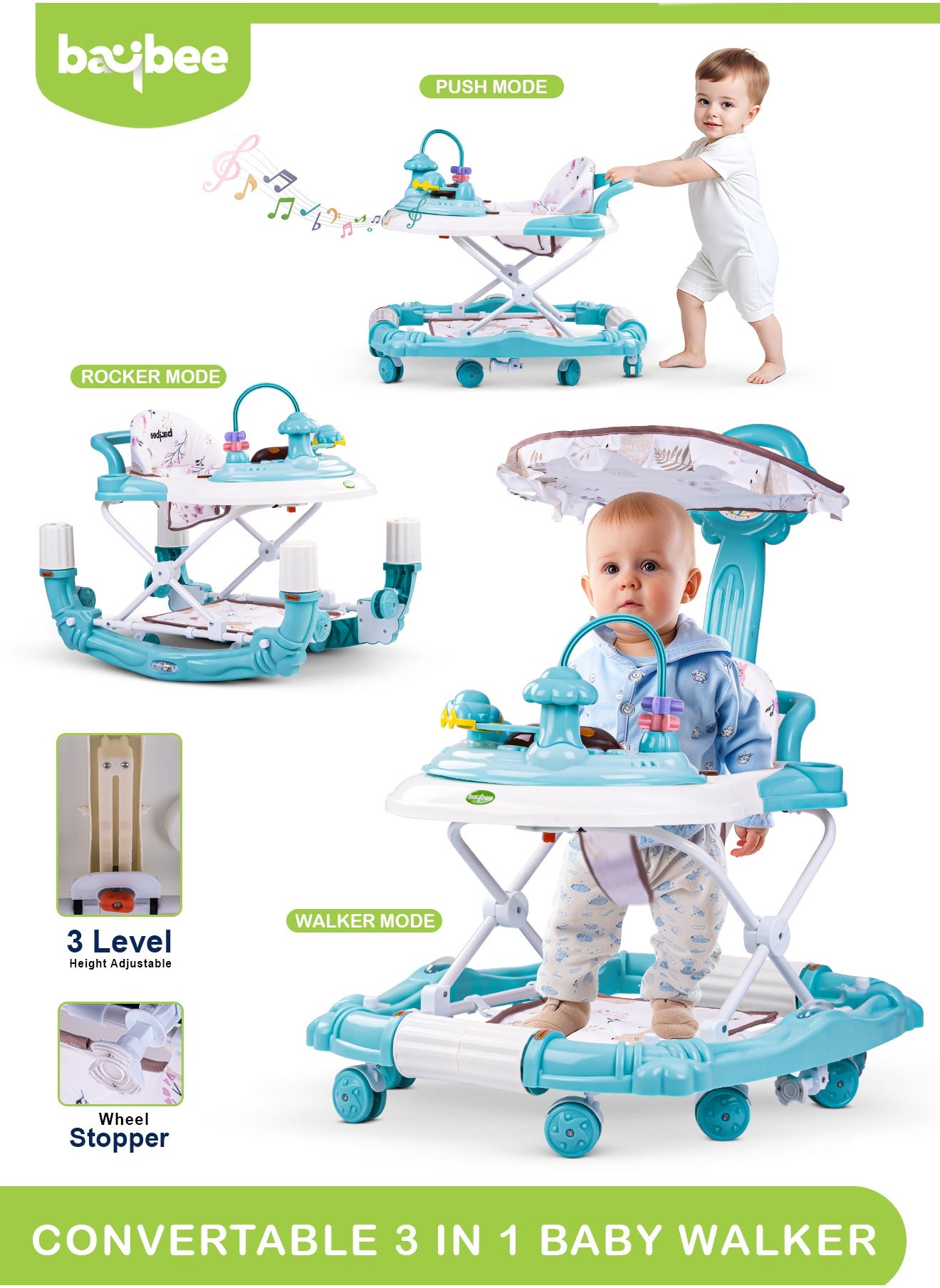 BAYBEE Bulba Baby Walker With Rocker with Three Adjustable Height Foot Mat Canopy 6-18months 