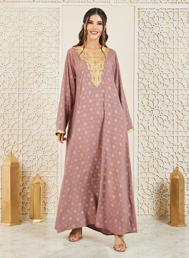 Styli Embroidered Neck Foil Print Jalabiya with Self Tie Up