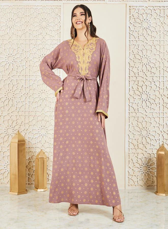 Styli Embroidered Neck Foil Print Jalabiya with Self Tie Up