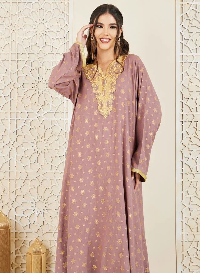Styli Embroidered Neck Foil Print Jalabiya with Self Tie Up
