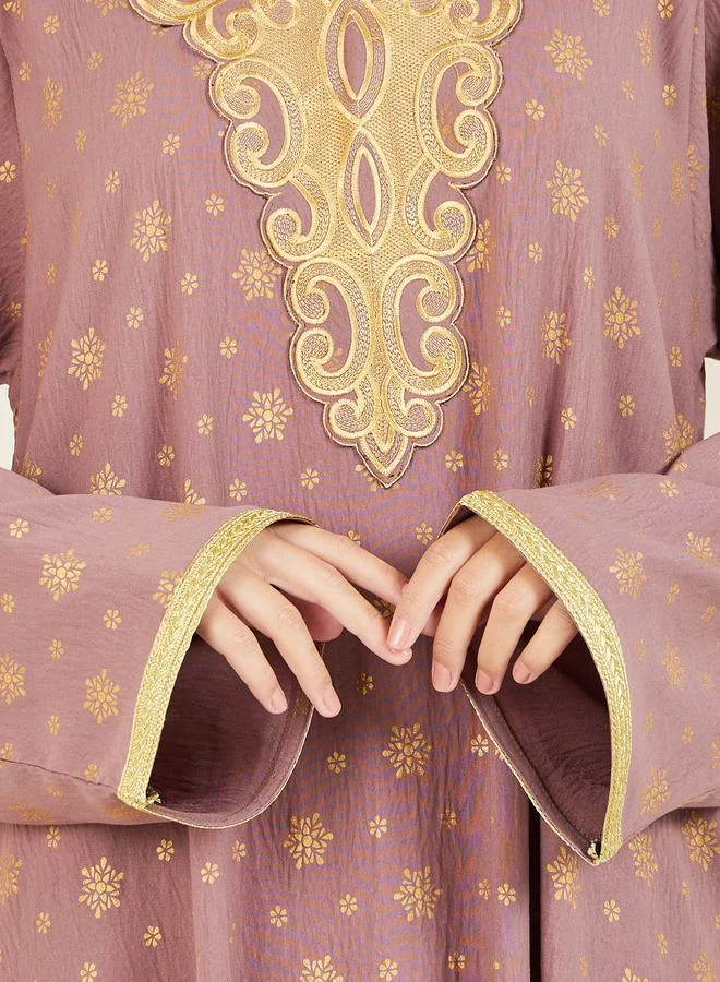 Styli Embroidered Neck Foil Print Jalabiya with Self Tie Up